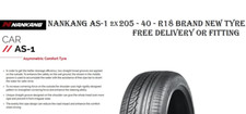 2 X 205 40 18 NANKANG AS 1 Brand New Tyre COMFORT 20540R18  2054018 FREE P/P