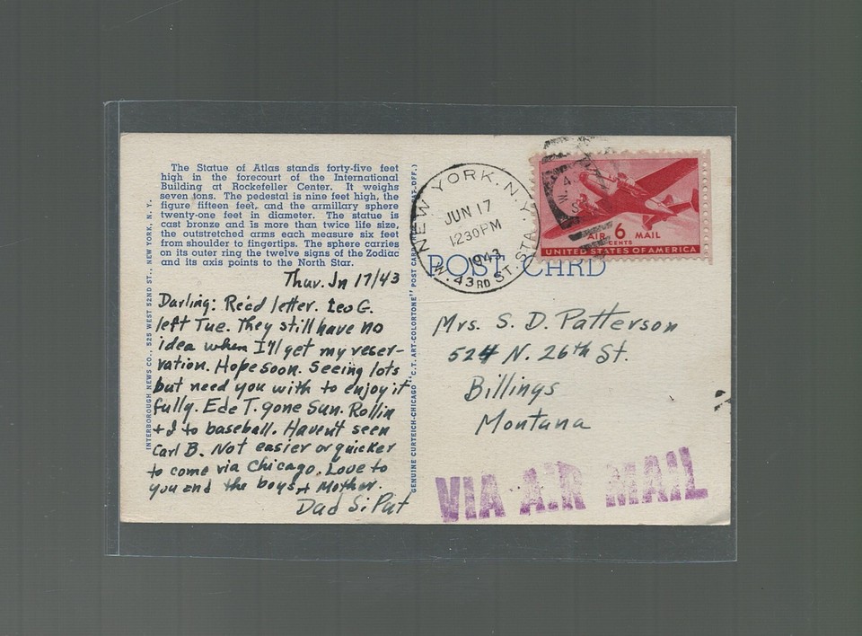 US Airmail Cover New York PC Atlas Statue Rockefeller Center 1943 US