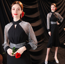 Gorgeous Sequins Long Sleeve Black Halter Evening Dresses Elegang Mini Gown BE