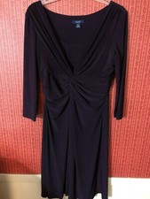CHAPS~Sz L~Aubergine Purple~Elbow Sleeve~Twist ~Ruched ~Draped Dress Pre-Owned