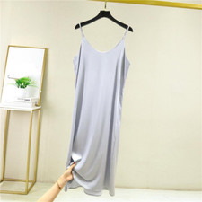 Faux Silk Dress Satin Midi Shiny Solid Petticoat Strappy Underdress Loungewear