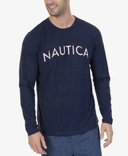  76 Nautica Men Pajama Cotton Crew Long Sleeve Blue Logo Shirt Sleepwear Size L