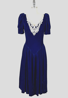 VTG 80s Gunne Sax Jessica McClintock Velvet Royal Blue Dress/Lace  Collar/Puff