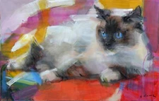 Original  Acrylic Painting on Paper Cat Signed