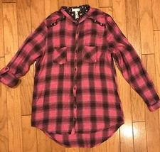 Matilda Jane Womens Parker Plaid Pink Brown Button Down Tunic Shirt SMALL