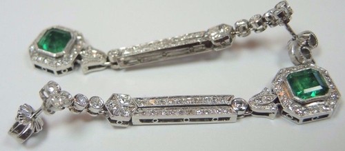 Art Deco Colombian Emerald Platinum Earrings E-3.60CT D-1.64CT Circa 1920's Fine - Picture 3 of 11