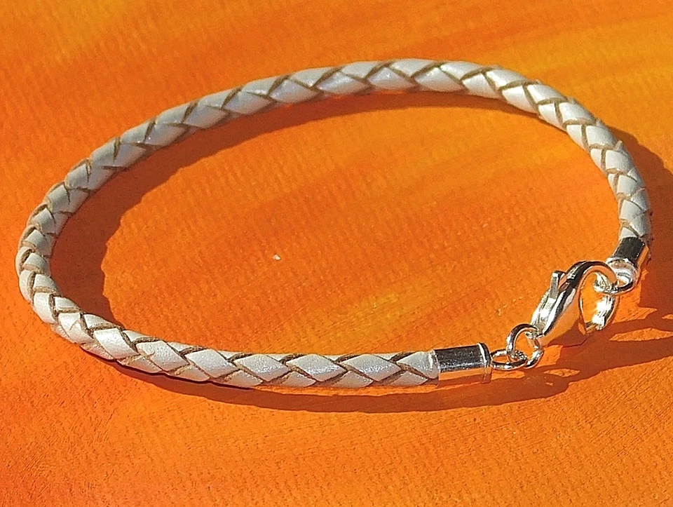 Da Uomo/ Donna 3mm Luce Argento Pelle & Argento Sterling Bracciale - - Immagine 2 di 3