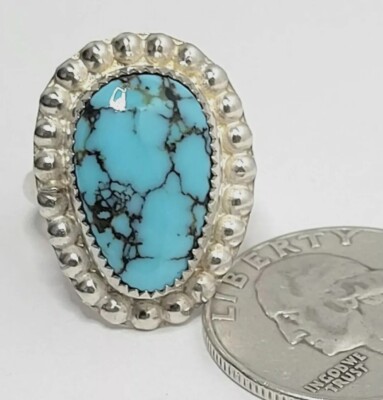 Kingman Spiderweb Turquoise Sterling Silver Ring Size 6 Signed