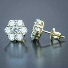 Round Cut 2Ct Lab Created Diamond Flower Stud Earrings 14K Yellow Gold Plated