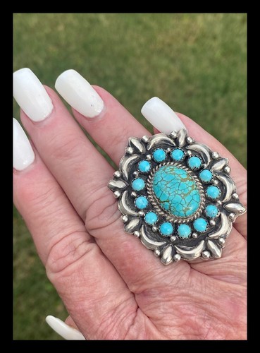 NAVAJO~SPIDER TURQUOISE ~KINGMAN TURQ~CLUSTER ~RING~ SS~MARCELLA JAMES - Picture 6 of 10