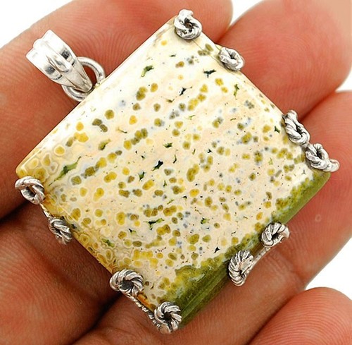 Pendentif En Argent 925 Et Pierre Ocean Jasper Naturelle - Fait Main - 2,25 Pouces