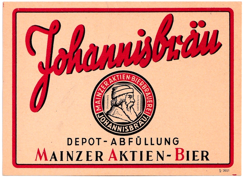 1948 MAINZER BRAUEREI, MAINZ, DEUTSCHLAND JOHANNISBRAU BIERETIKETT