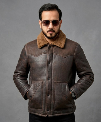 Men's Shearling Leather Jacket - Western Brown Sheepskin Fur Aviator Bomber Coat