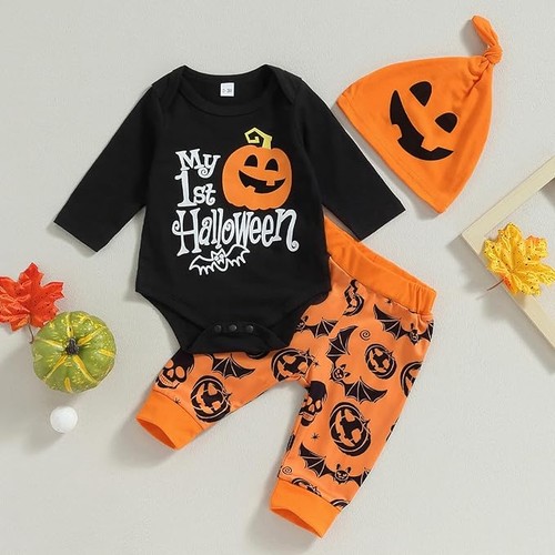 Conjunto de 3 PIEZAS My First Halloween Bebé Niño Manga Larga Calabaza Mameluco Pantalones con Sombrero - Imagen 2 de 7