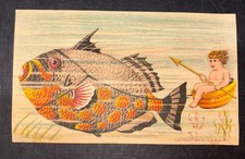 Victorian Trade Card Absurd Baby Riding Trigger Fish Antique Colorful Surreal!!!