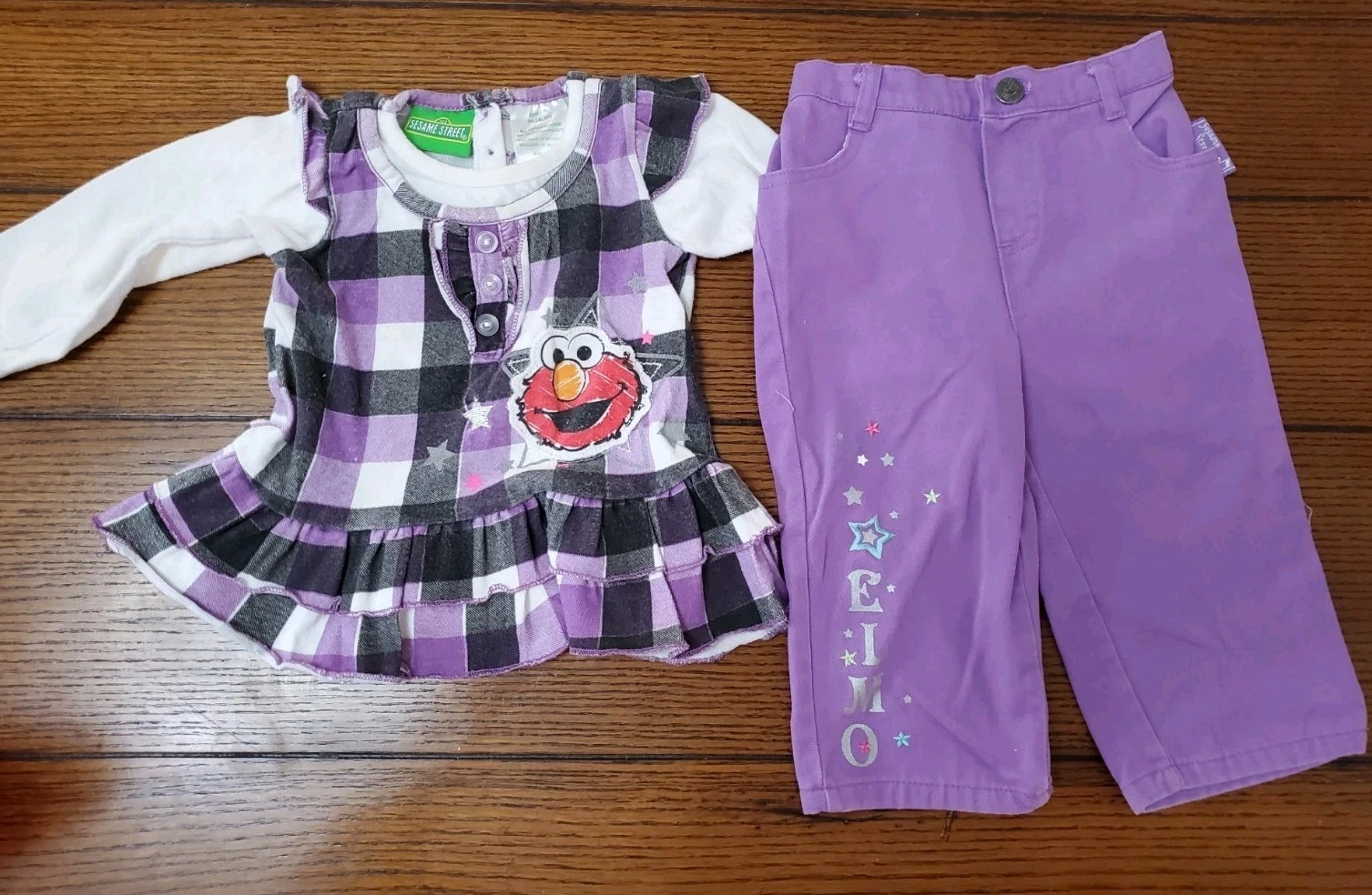 Vintage Sesame Street Purple Pants Plaid Shirt ELMO 12 Month Outfit
