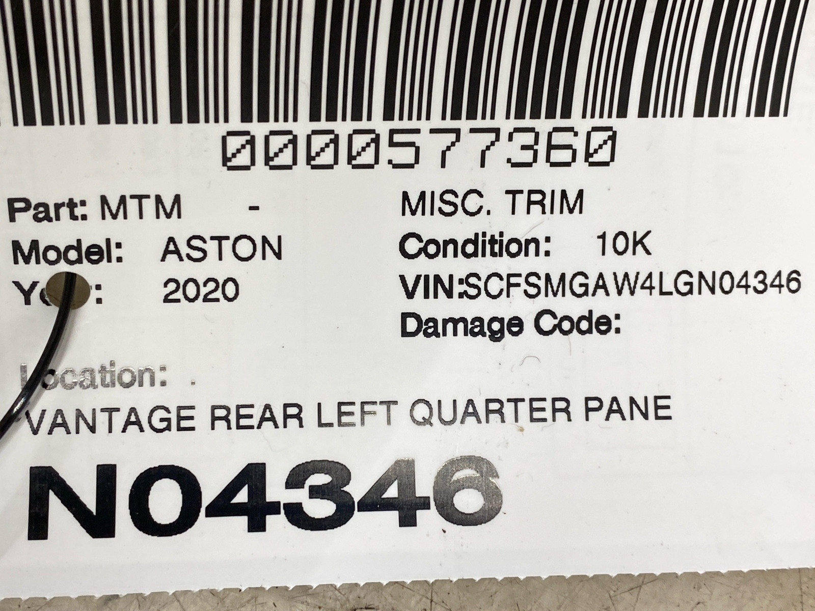 2019 - 2023 ASTON MARTIN VANTAGE LEFT QUARTER TRIM BLACK W/ GREEN KY63-D1161-AA
