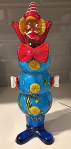 Art Glass Clown Figurine Decorative Glossy Finish Blue Red Yellow White