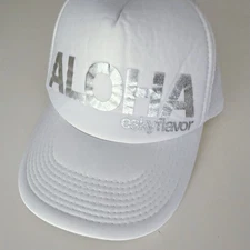ESKYFLAVOR Otto Collection White Trucker Hat Shiny Silver Metallic ALOHA Logo