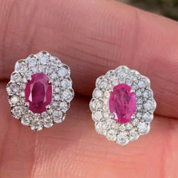 Ruby Diamond Earrings. Ruby Cluster. Diamond Clus… - image 1