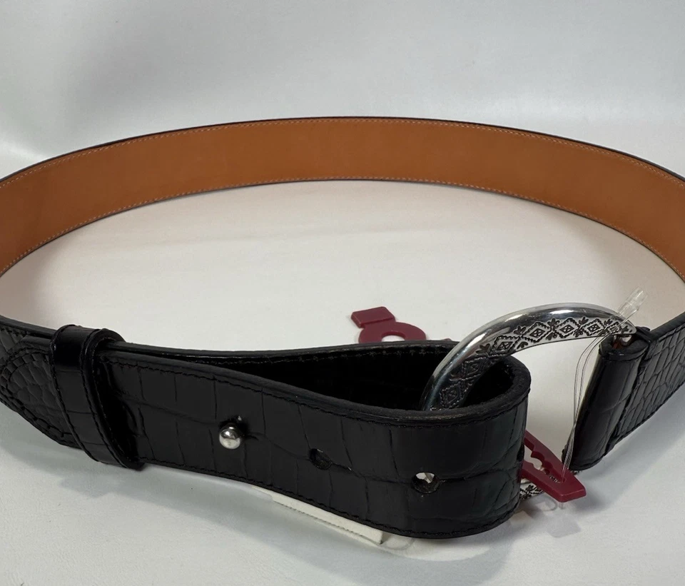 Винтажный 1995 Brighton женщин ремень текстурированный серебряная пряжка черный 1 3/8» Sz L 32-34» - Изображение 2 из 4