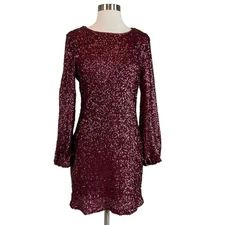 AQUA Women's Cocktail Dress Size 10 Red Sequined Long Sleeved Mini Sheath
