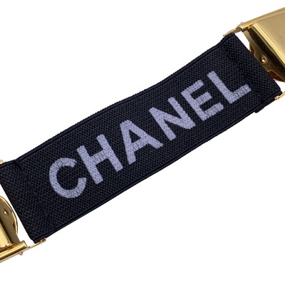 CHANEL ロゴ入りストラップ Authentic Chanel Black Elastic Logo Suspenders Cincher Gold Metal
