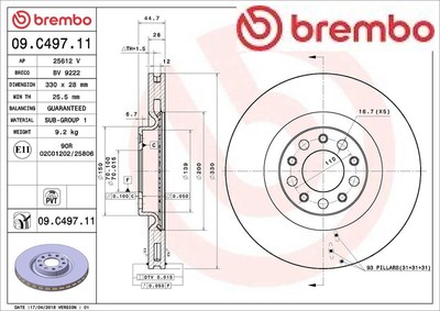 2x Bremsscheibe Brembo 09.C497.11 2 Bremsscheiben Vorderachse Vorne