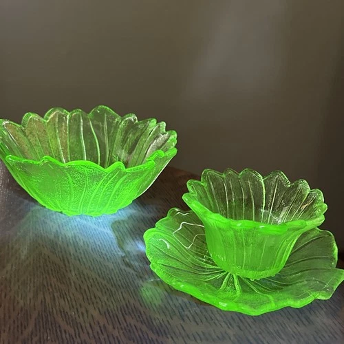 Vintage Lily Pons Indiana Green Glass Flower Bowls &  Plate Uranium Depression