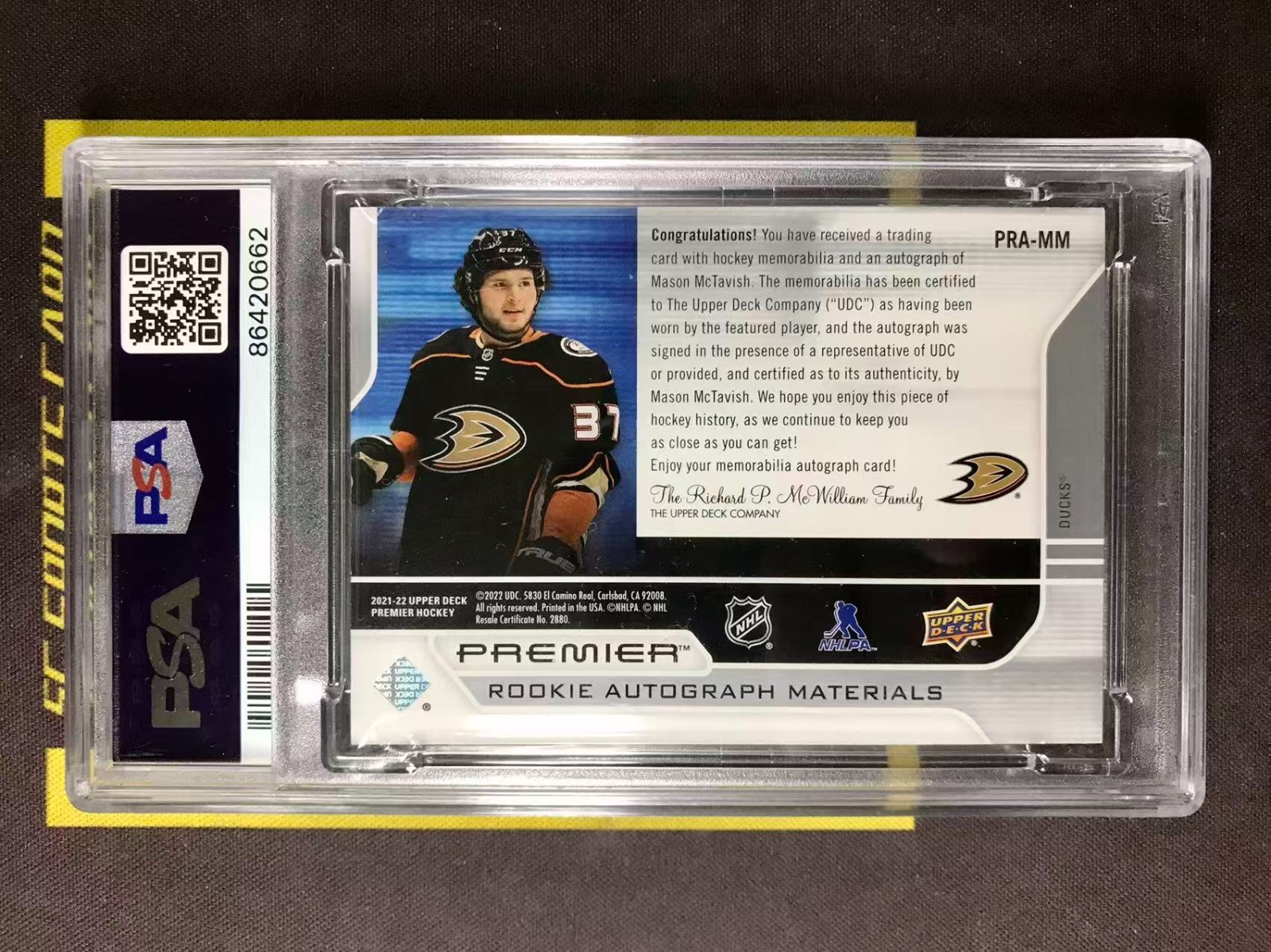 2021-22 UD Premier Rookie RPA #PRA-MM Mason McTavish RC Quad Patch Auto /99 PSA6 view 2