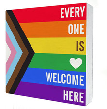 Rainbow Everyone Is Welcome Here Wooden Box Sign Desk Decor LGBTQ Gay Pride Flag