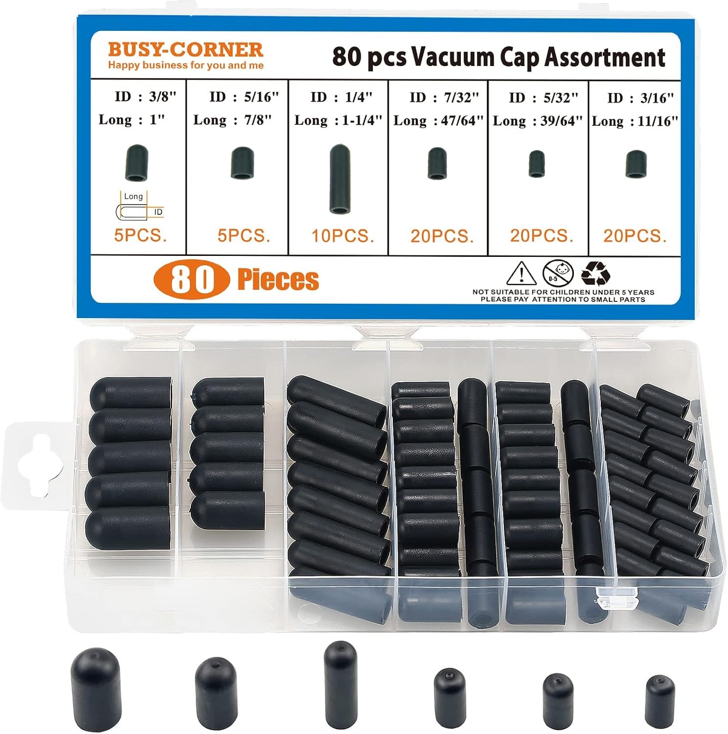 BUSY-CORNER 80 Pieces Vacuum Cap Assortment, Rubber, 80PCS Cap, Black 