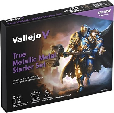 Vallejo True Metallic Metal Starter Set - 12 x 18ml + Exclusiv Figur und Pinsel
