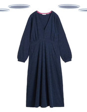 Ex White Stuff Women's Midi Dress- Migan Long Sleeve Embroidered Jersey Navy