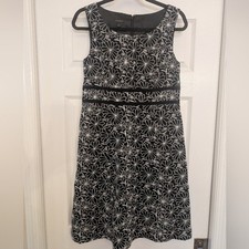 TALBOTS Dress Womens 6 Black White Sleeveless Floral Embroidered Aline Linen