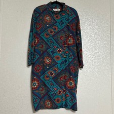 Anne Crimmins UMI Collections Floral Print Dress Teal Multicolor Vintage 70's 14
