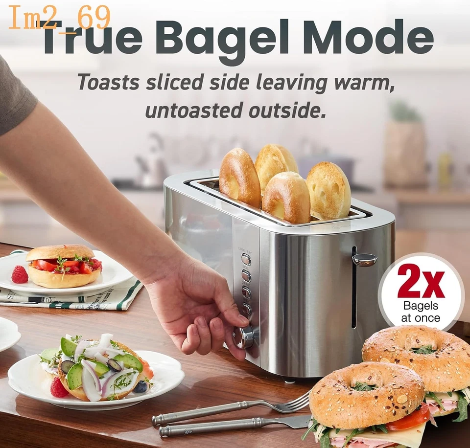 Тостер ECT4123X с длинным слотом на 4 ломтика, очень широкие 1,5 дюйма и 5,1 дюйма глубокие прорези, бублик, - Изображение 4 из 4