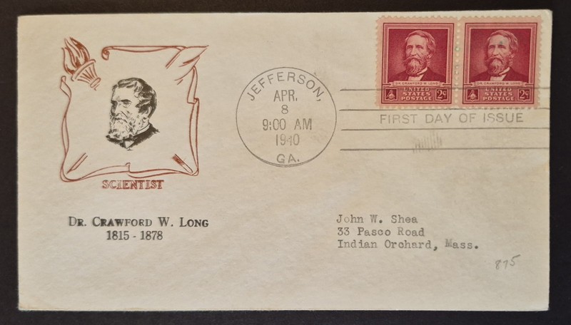 1940 First Day Cover Pair US Scott 875 Dr. Crawford W. Long Famous Americans FDC