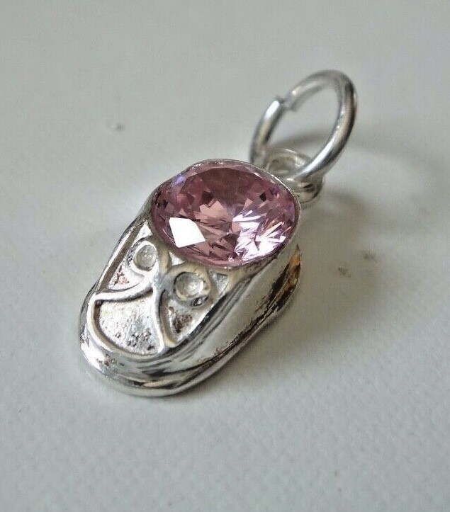 October Sterling Silver 15mm pink crystal Birthstone Baby Shoe Charm