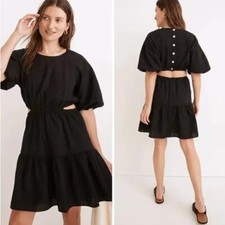New! Madewell Seersucker Puff-Sleeve Cutout Mini Dress black, size M
