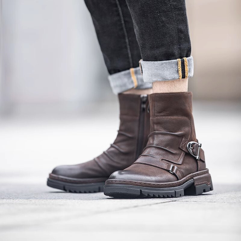 Retro American Style Mens Buckle Motorcycle Real Leather Ankle