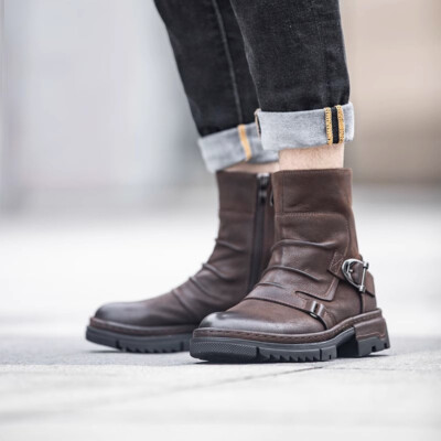 Retro American Style Mens Buckle Motorcycle Real Leather