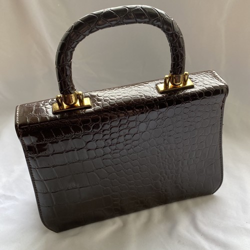 Vintage Handbag Faux Snakeskin 50s 60s Brown Gold Hardware Cocktail Snap Handle - Picture 3 of 10