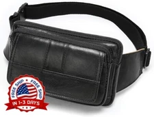 Riñonera Bolso Cintura Grande De Cuero Genuino De Hombre Para Viajes Negro NUEVO