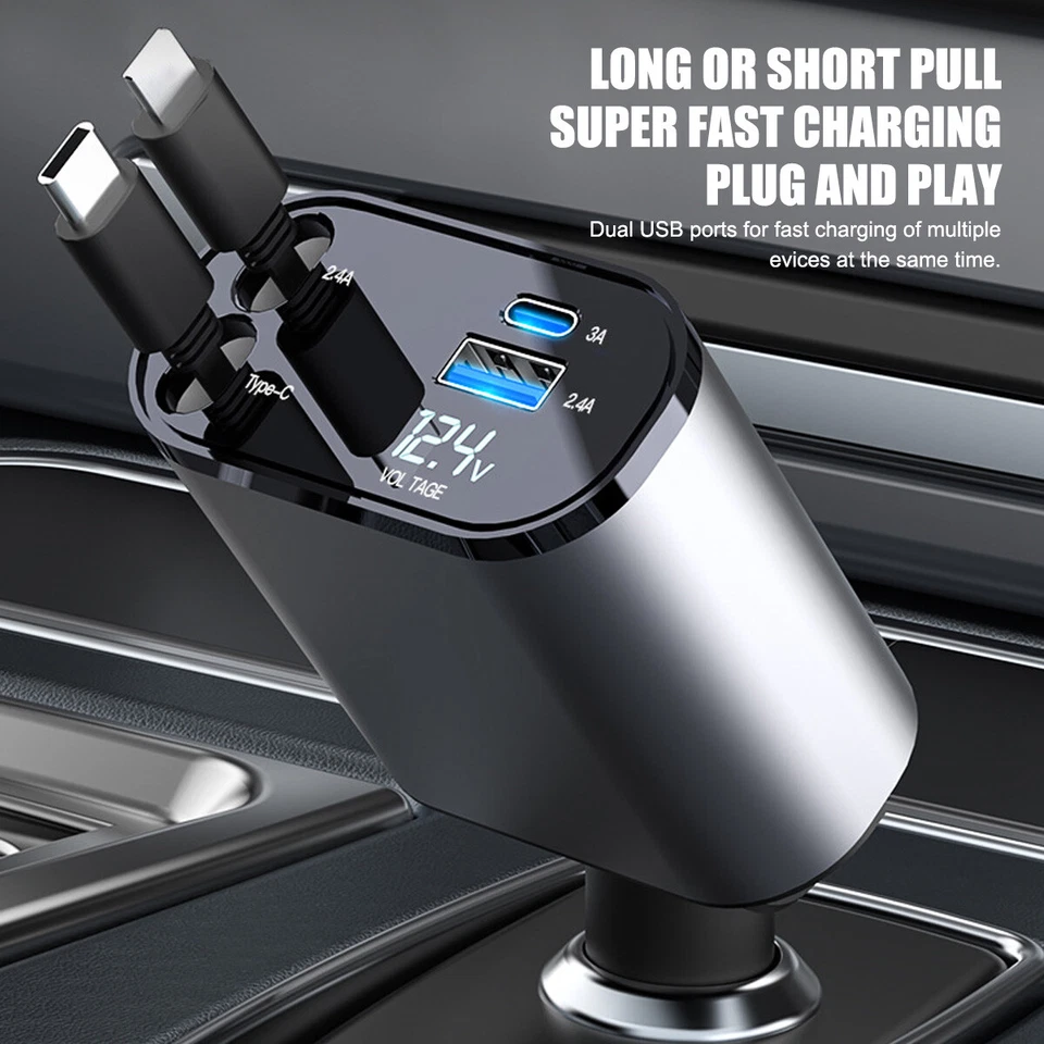 Cable Cargador Coche Retráctil 4 en 1 Doble Puerto USB-C PD Adaptador Carga Rápida EE. UU. Foto 2 de 4