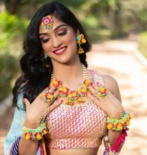 Women fashion flower  earrings tika bracelets necklace haldi mehandi babyshower