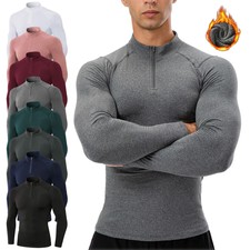 Mens Compression Thermal T-Shirt Under Base Layer Sports Fitness Tops Zip Neck