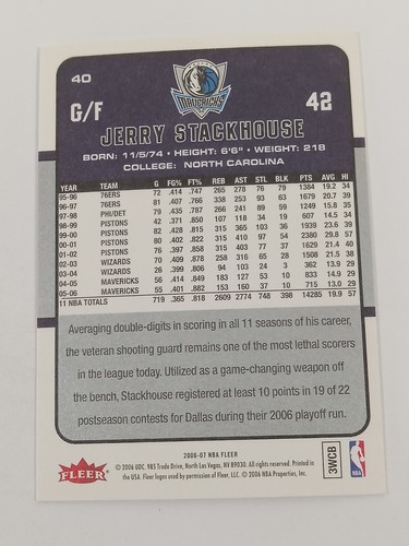 2006-07 Fleer NBA #40 Jerry Stackhouse Dallas Mavericks - Picture 2 of 2