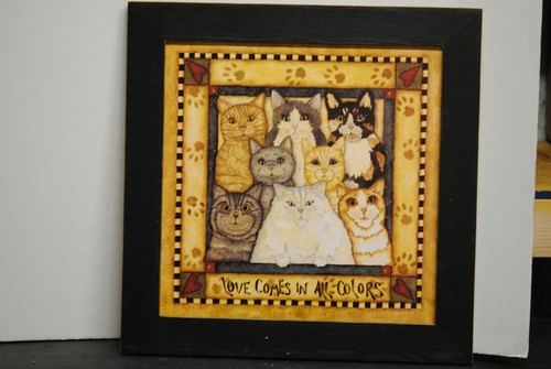 ROBIN BETTERLY 1997 LOVE COMES IN MANY COLORS FRAMED CAT PRINT