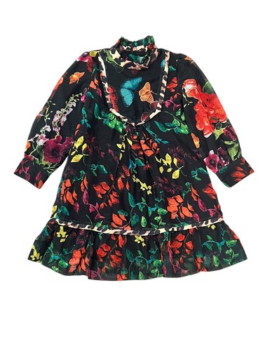GIRL'S PORTER COLORFUL BUTTERFLY LEAF DRESS BLACK RUFFLE LONG SLEEVE 6 - Picture 2 of 7